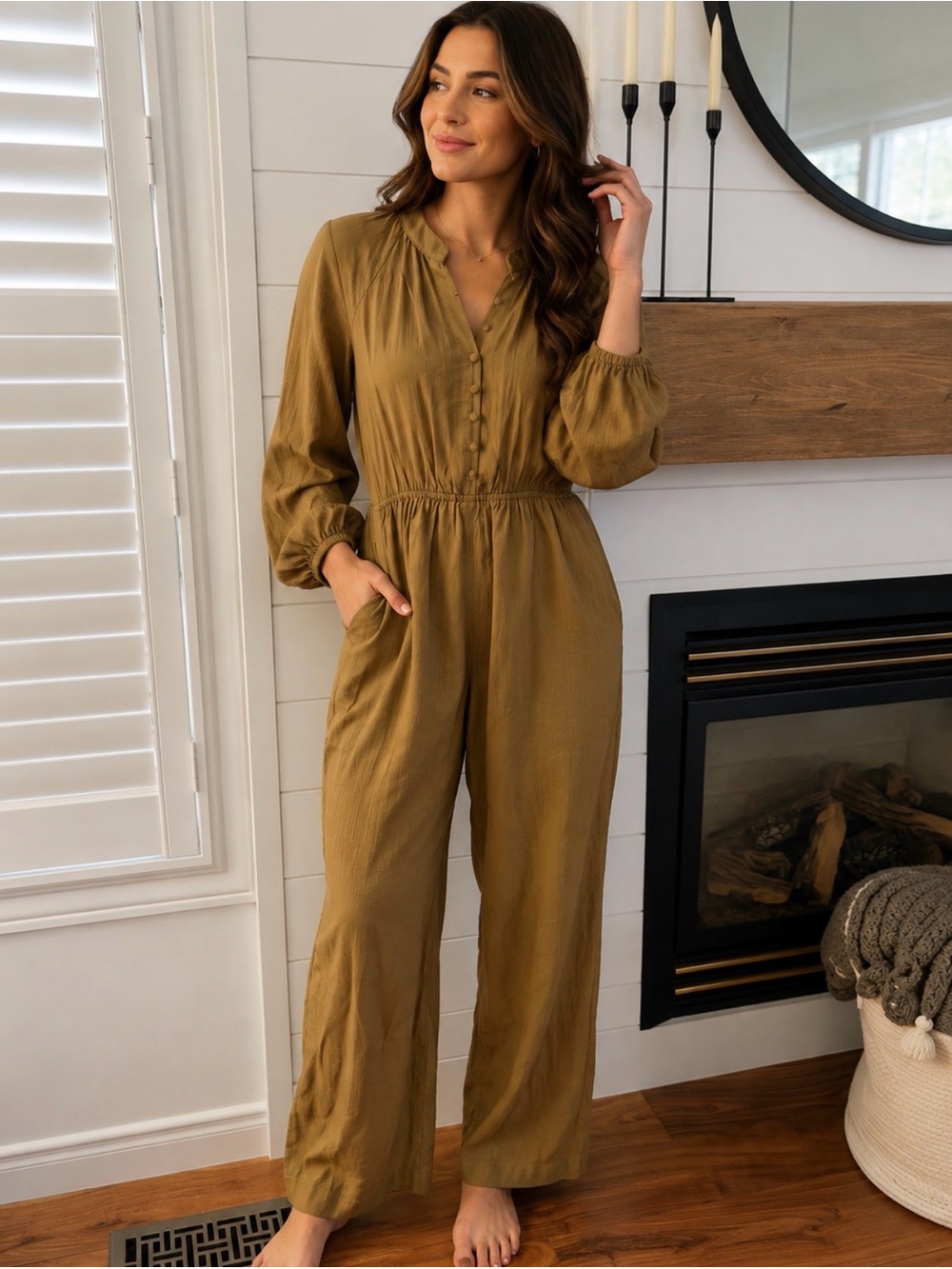Long-Sleeve Button-Front Jumpsuit in Khaki Colour